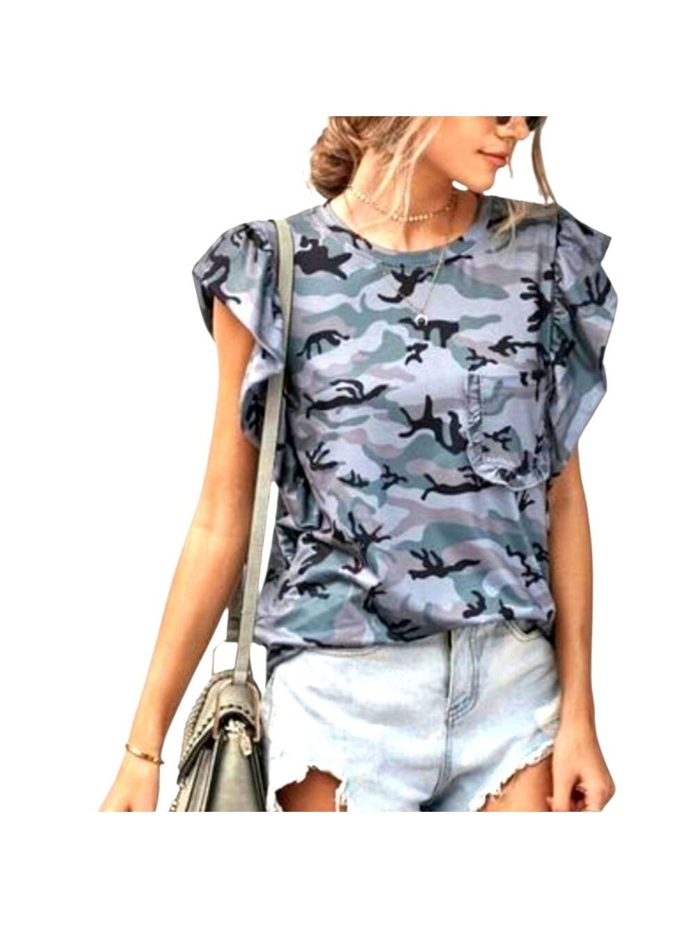 TRÏBE Gray Camouflage Print Ruffled Cap Sleeve T-shirt Top Size Medium NWT